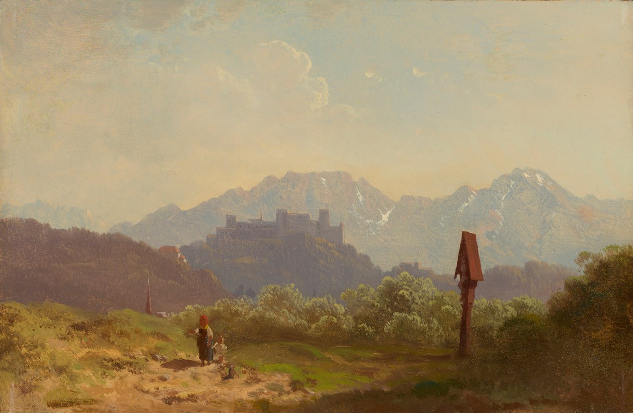 Salzburgin lähellä oleva tontti, josta on näkymät Hohensalzburgin linnoitukselle ja sen takana kohoavalle Untersbergille tekijältä Adolf Heinrich Lier
