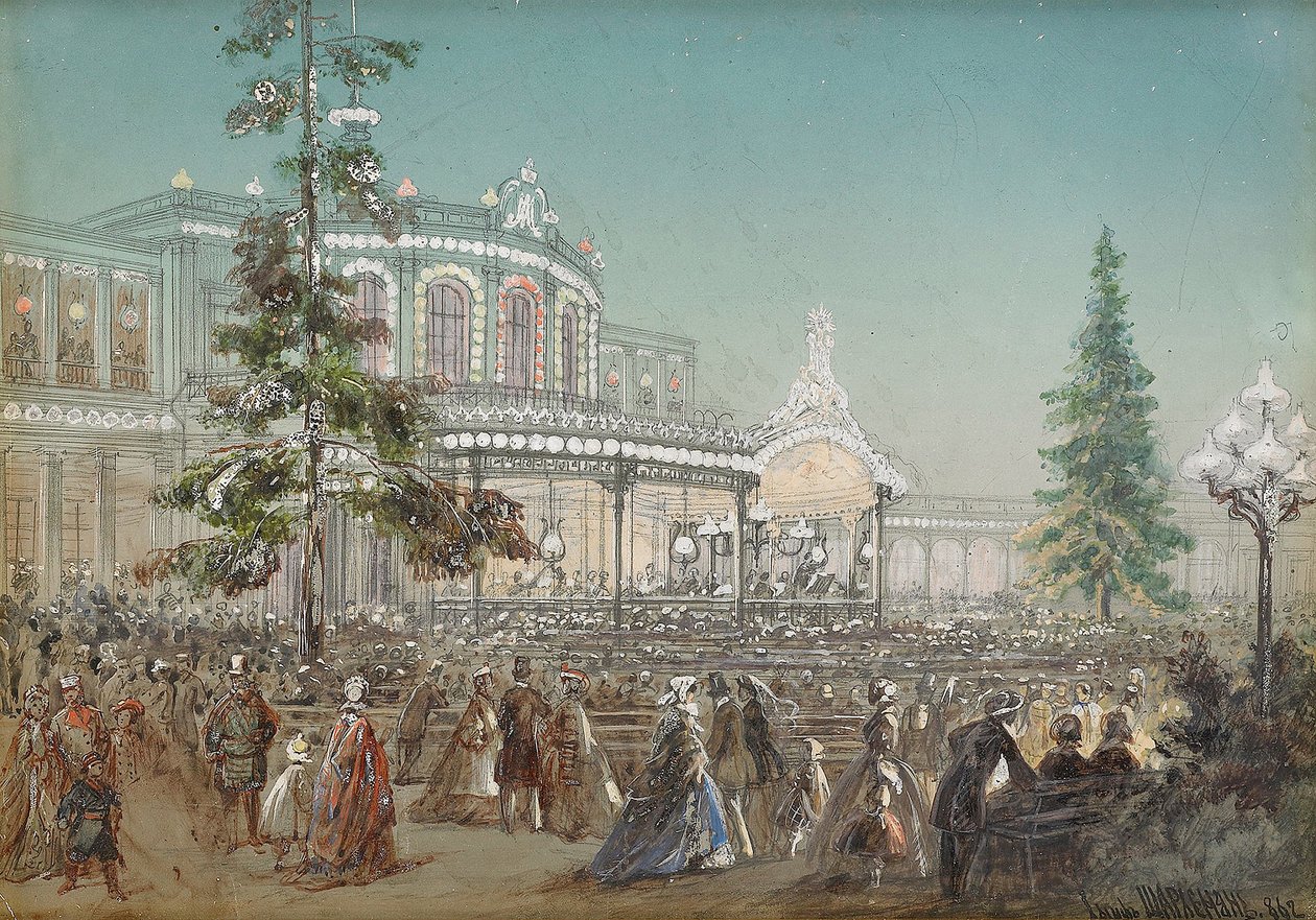 ""Tsarskoe Selo Railroadin 25-vuotisjuhla Pavlovskin rautatieaseman konserttisalissa"", kirjoittanut Adolf Charlemagne (1826-1901), guassi pahville tekijältä Adolf Jossifowitsch Charlemagne