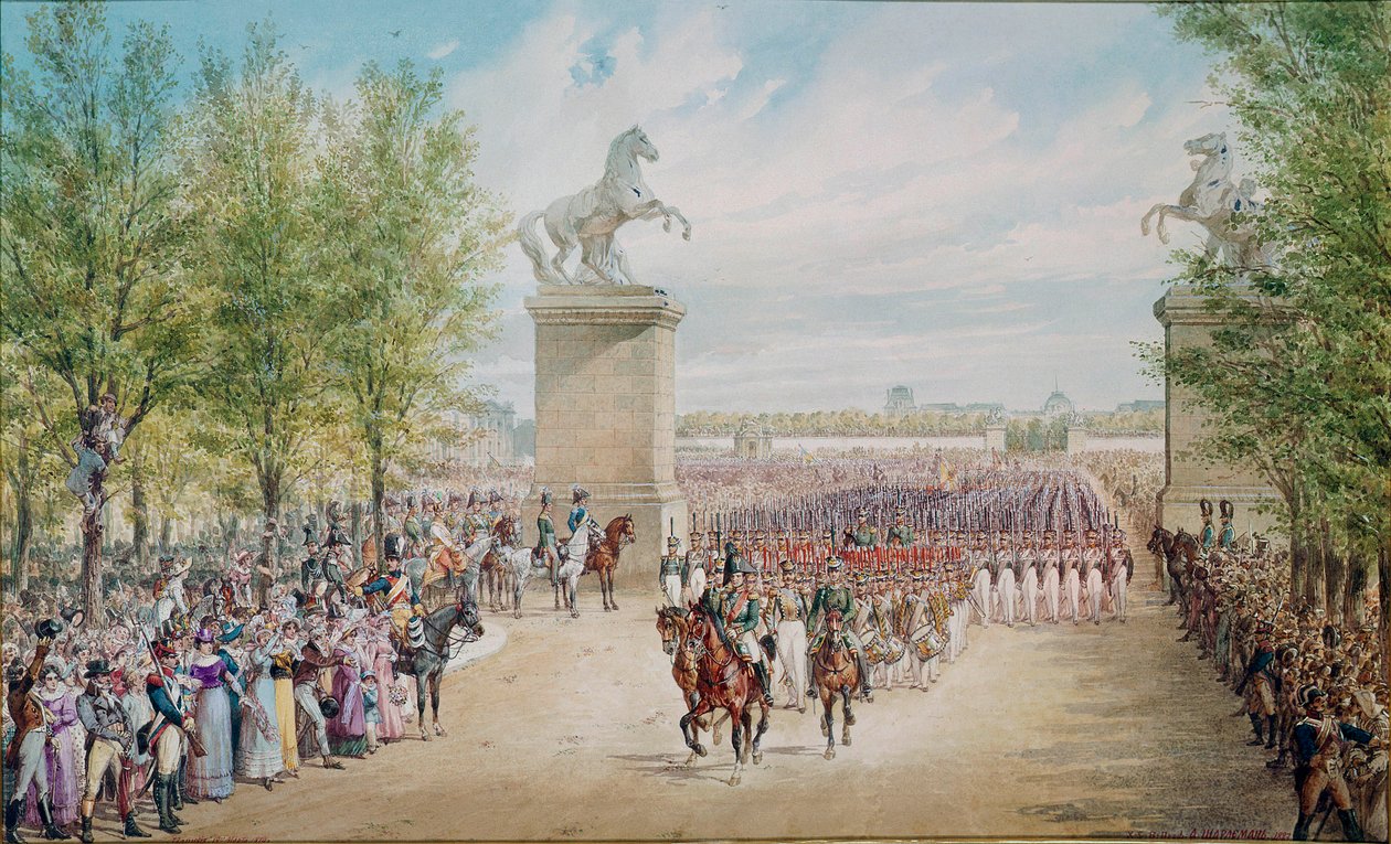 Tsaari Aleksanteri I (1777-1825) kiipeää Champs Elysees -vuorelle armeijansa kanssa Pariisissa vuonna 1814. Adolf Charlemagnen (1827-1901) maalaus tekijältä Adolf Jossifowitsch Charlemagne