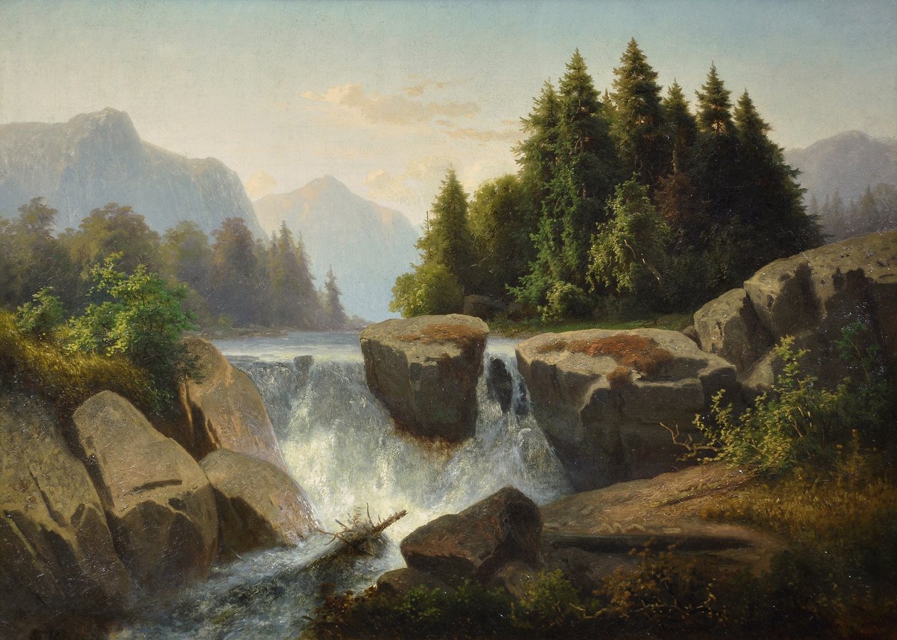 Vuoristomaisema ja vesiputous, c. 1853 tekijältä Adolf Kosárek