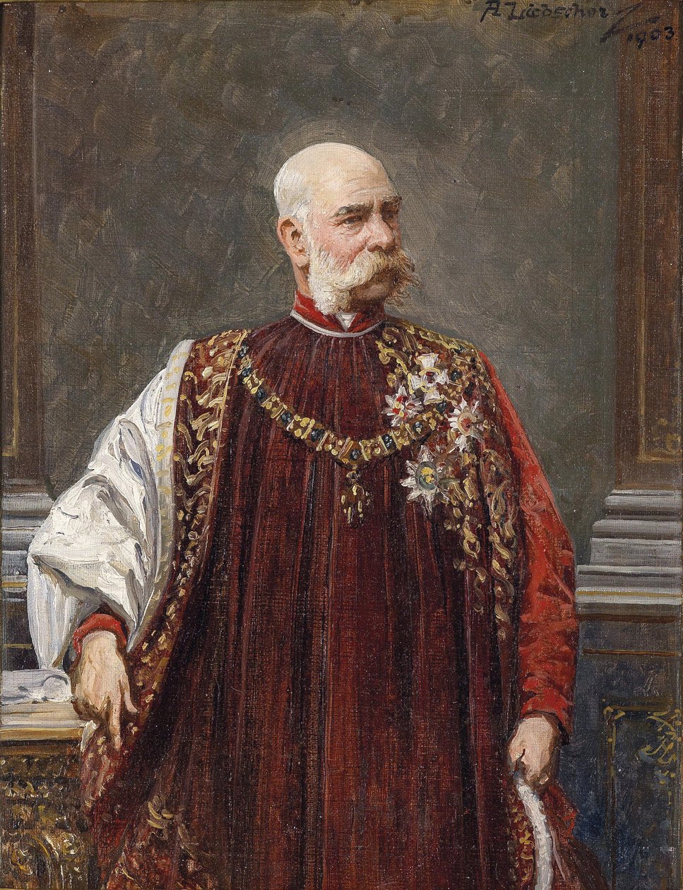 Muotokuva Franz Joseph I:stä Itävallasta Golden Fleecen suurmestarina, 1903 tekijältä Adolf Liebscher
