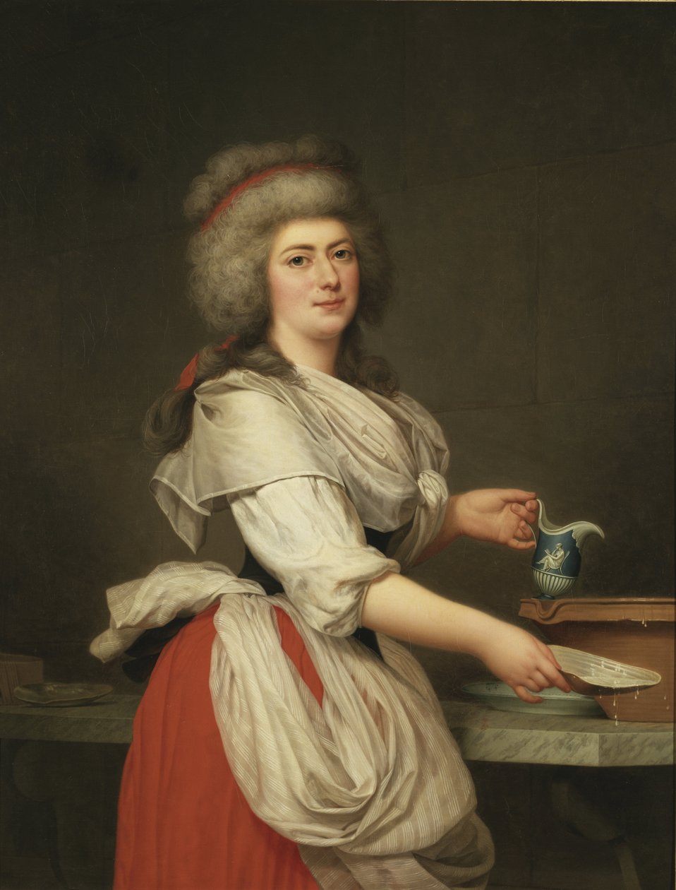 Adelaide Augie (tai Auguier), kuningattaren piika meijerineitsinä Trianonissa - Madame Adelaide Aughie, kuningatar Marie Antoinetten ystävä, meijerineitsi Trianonissa, kirjoittanut Wertmuller, Adolf Ulrik (1751-1811). öljy kankaalle tekijältä Adolf Ulrich Wertmuller