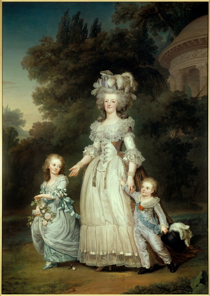 Muotokuva jalassa Ranskan kuningatar Marie Antoinette (1754-1793) Marie Theresen tai Madame Royalen (1778-1851) ja ensimmäisen Dauphin Louis Joseph Xavier Francoisin tai Louis de Francen (1781-1789) kanssa kävelemässä Trianonin puutarhoissa Maalaus Ad tekijältä Adolf Ulrich Wertmuller