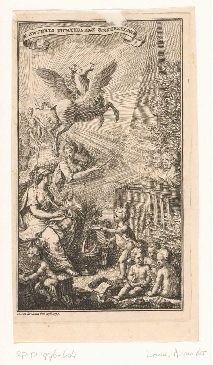 Allegorinen kohtaus, jossa nainen kirjoittaa, rintakuvat, Pegasus ja Apollo Nimisivu: Cornelis Sweerts, Runolliset symbolit, 1736 tekijältä Adolf van der Laan