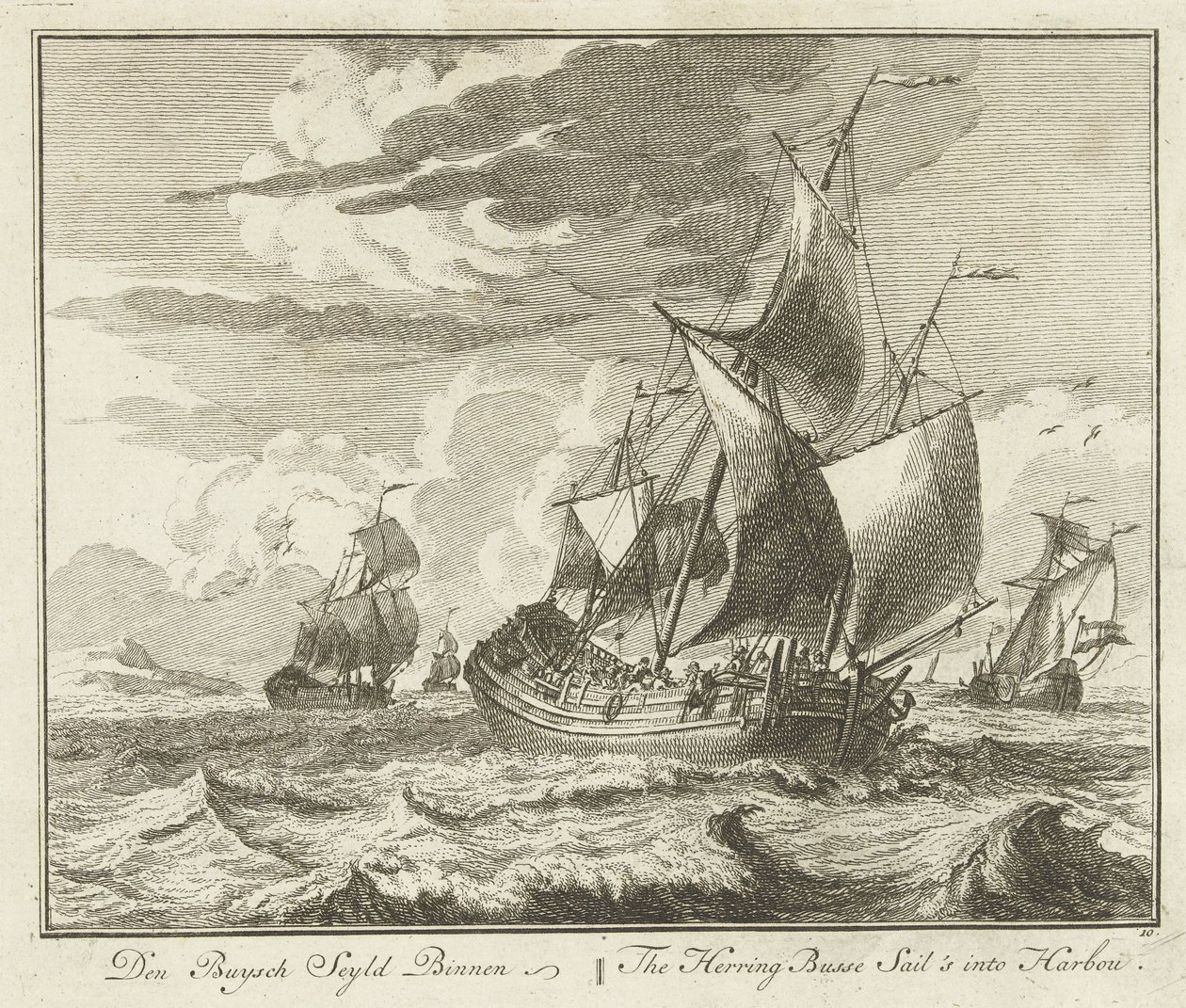 Silakkaputki purjehtii kotiin, n. 1725 Den Buysch Seyld Binnen / Herring Busse purjehtii Barbouhun (otsikko esineessä) Groote Vissery (sarjan nimi) tekijältä Adolf van der Laan