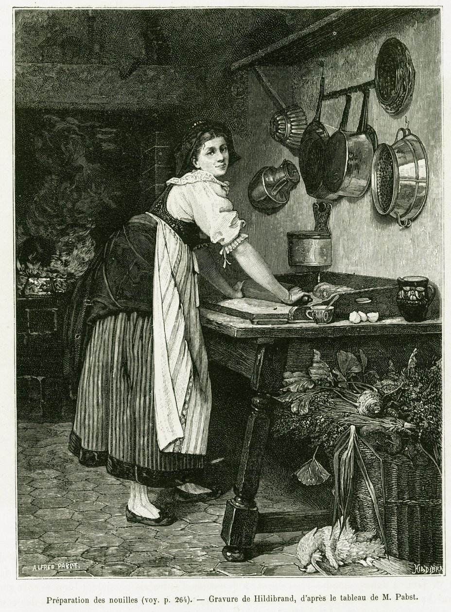 Nuudelin valmistus. Hildibrandin kaiverrus havainnollistamaan tarinaa A läpi Alsacen ja Lorraine, vuonna 1887, Charles Grad, saksalainen deputer, tour du monde 1888, ohjaaja Edouard Charton (1807-1890), Hachette, Pariisi. tekijältä Adolf von Hildebrand