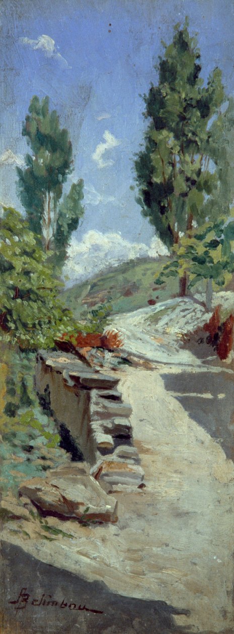 Tie kukkuloilla kirjoittanut Adolfo Belimbau (1845-1938), öljy paneelille, 23x9 cm tekijältä Adolfo Belimbau