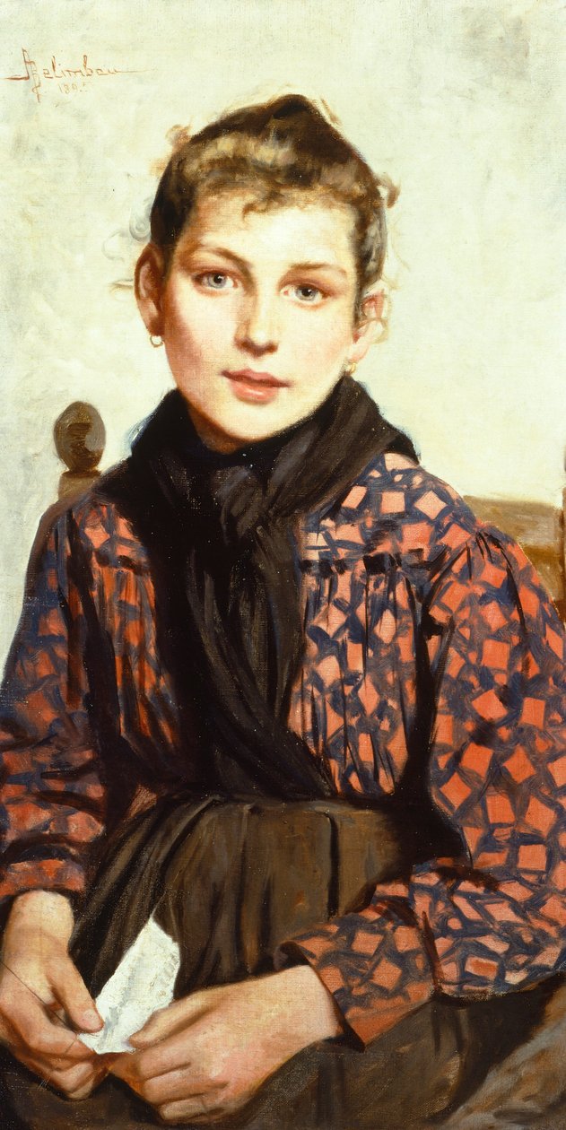 Istuva tyttö Adolfo Belimbau (1845-1938), öljy kankaalle, 71x37 cm tekijältä Adolfo Belimbau