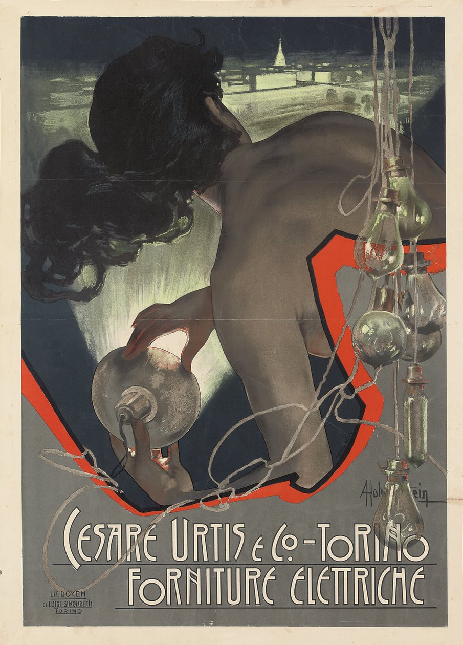 Mainosjuliste valmistettu italialaiselle valaistusyritykselle Cesare Urtis & Co., Torino, 1889 tekijältä Adolfo Hohenstein