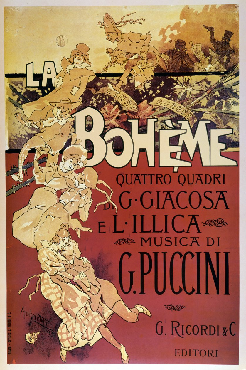 Adolfo Hohensteinin La Bohème -juliste Giacomo Puccinin oopperan ensi-iltaa varten Teatro Regio di Torinossa, 1.2.1896. tekijältä Adolfo Hohenstein