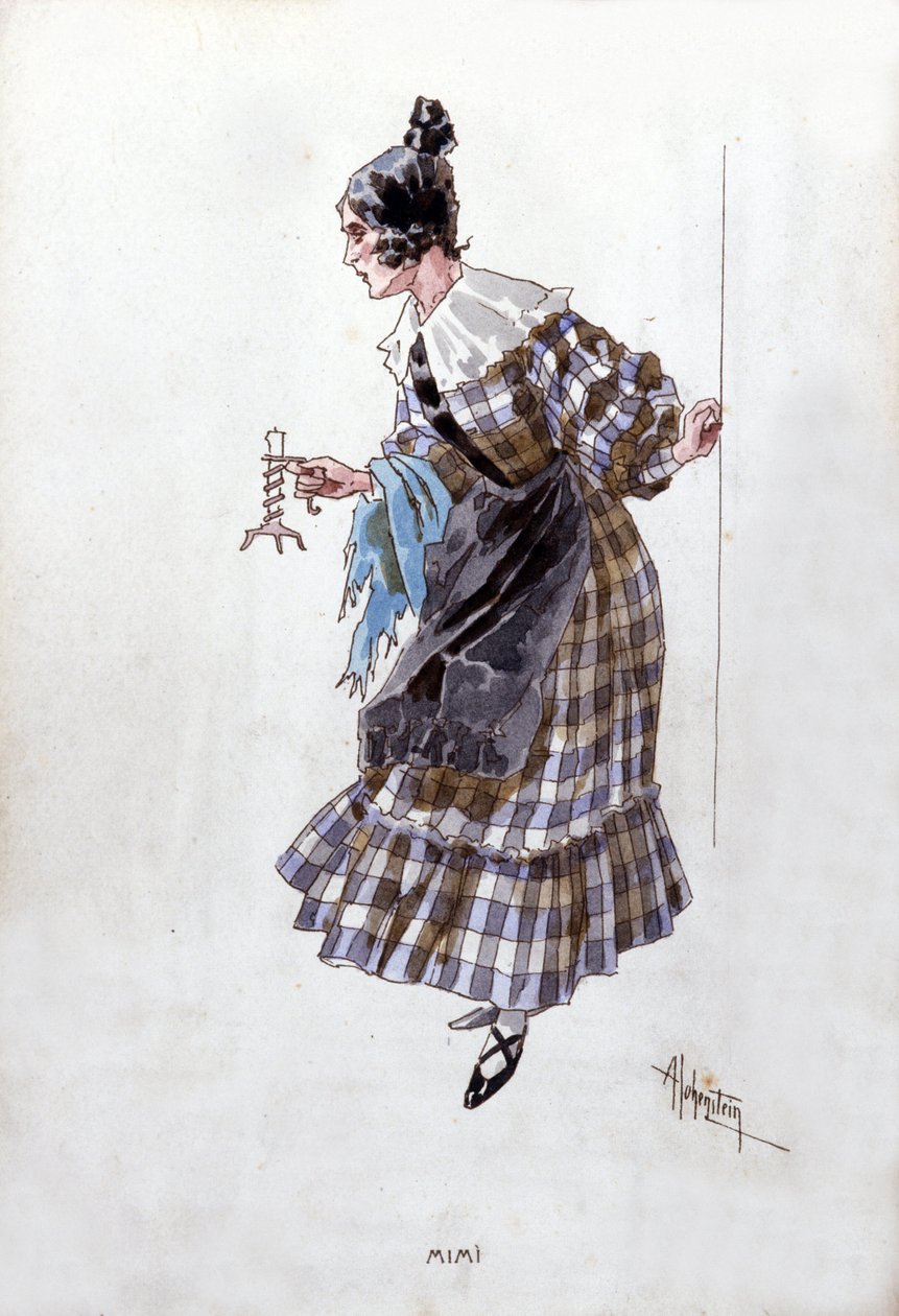 Mimin hahmon puku Giacomo Puccinin (1858-1924) oopperaan "La Boheme". Adolfo Hohensteinin vesiväri. tekijältä Adolfo Hohenstein