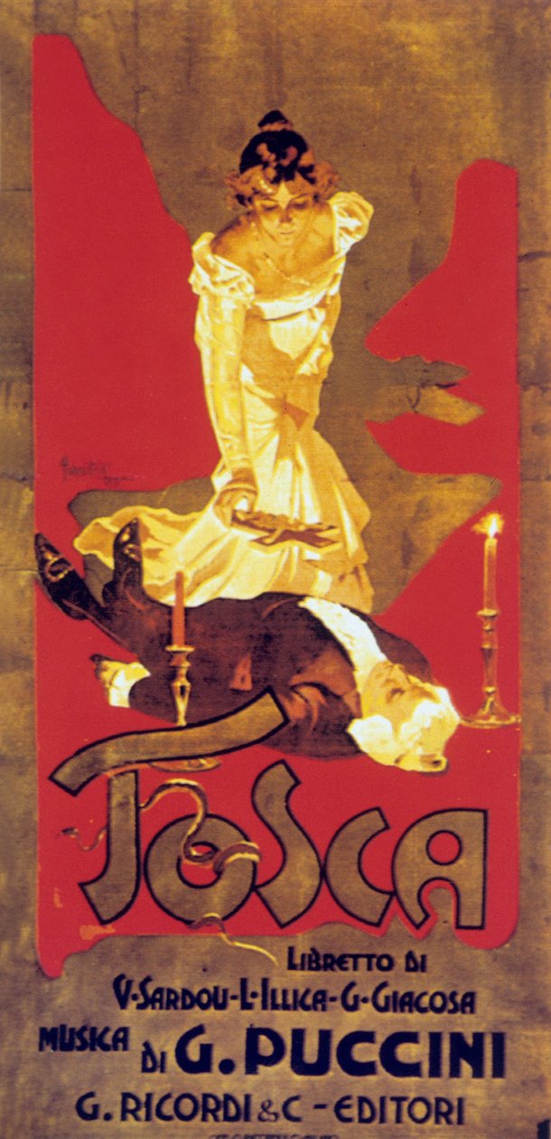 Adolf Hohensteinin kansikuva Giacomo Puccinin oopperan Tosca partituurista tekijältä Adolfo Hohenstein