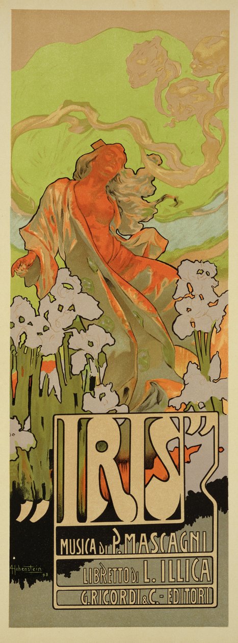 Iris-oopperan partituurin kansikuva ja libreto, 1898 tekijältä Adolfo Hohenstein