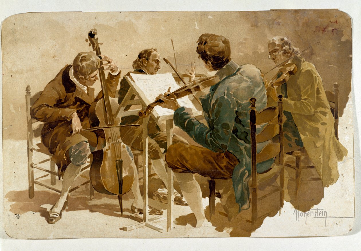 Neljä muusikkoa Kolme viulistia ja yksi sellisti. Adolfo Hohensteinin (1854-1928) juliste Dim. 293x454 cm Yksityinen kokoelma tekijältä Adolfo Hohenstein