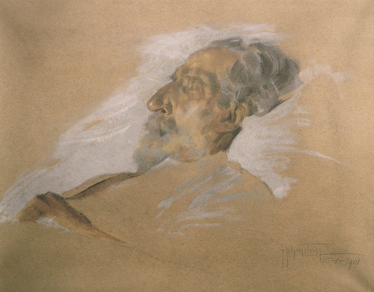 Giuseppe Verdi kuolinsängyssä (lyijykynä pesulla ja valkoinen korostus paperilla) tekijältä Adolfo Hohenstein