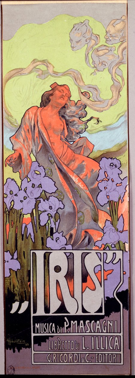 Pietro Mascagnin säveltämä Iris-ooppera ja Luigi Illica italialainen libretto (1898). Adolfo Hohensteinin (1854-1928) kuvittama juliste 1910 Dim. 10x29,5 cm Milanolainen yksityinen kokoelma tekijältä Adolfo Hohenstein