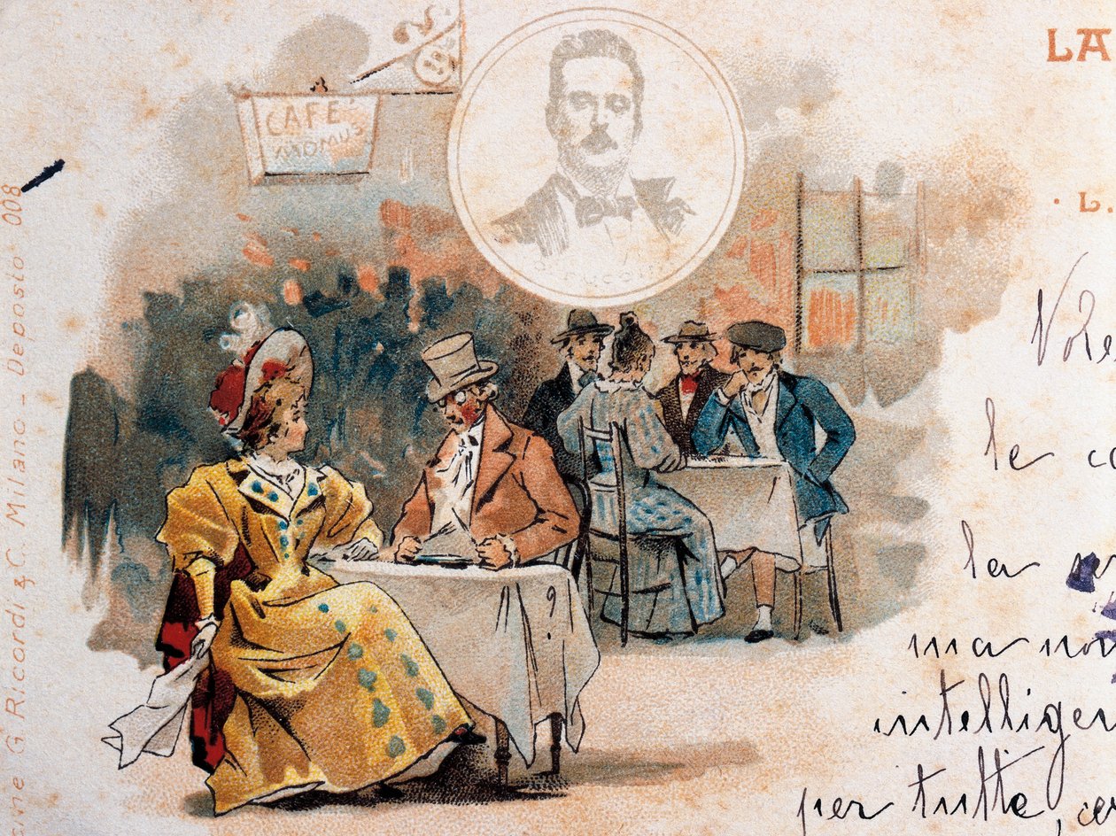 Adolfo Hohensteinin (1854-1928) postikortti, joka on luotu Giacomo Puccinin (1858-1924) La Boheme -oopperan ensi-illan yhteydessä ja jossa on kohtaus toisesta näytöksestä tekijältä Adolfo Hohenstein