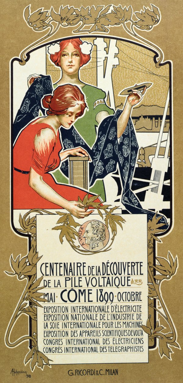 Juliste, joka mainostaa Voltaic-paalun löytämisen satavuotisjuhlaa, 1899 tekijältä Adolfo Hohenstein