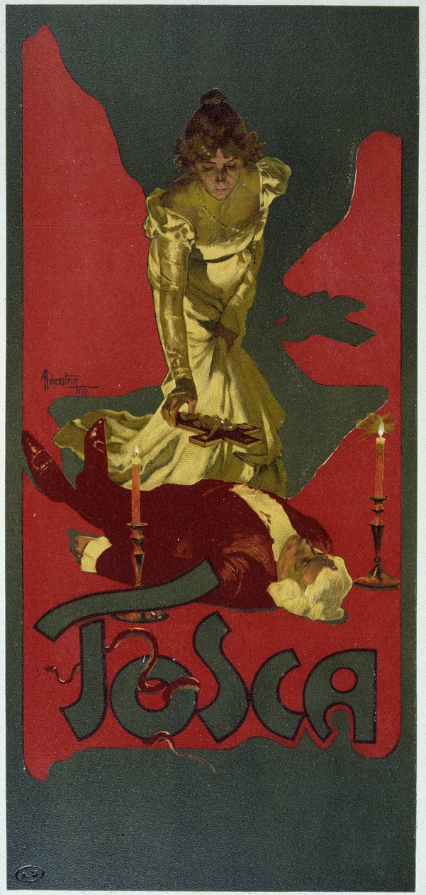 Hohensteinin juliste. Giacomo Puccinin "La Tosca" perustuu V. Sardoun draamaan. tekijältä Adolfo Hohenstein