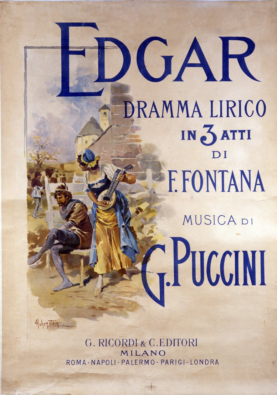 Juliste Adolfo Hohensteinin säveltäjä Giacomo Puccinin (1858-1924) oopperaan "Edgar" tekijältä Adolfo Hohenstein