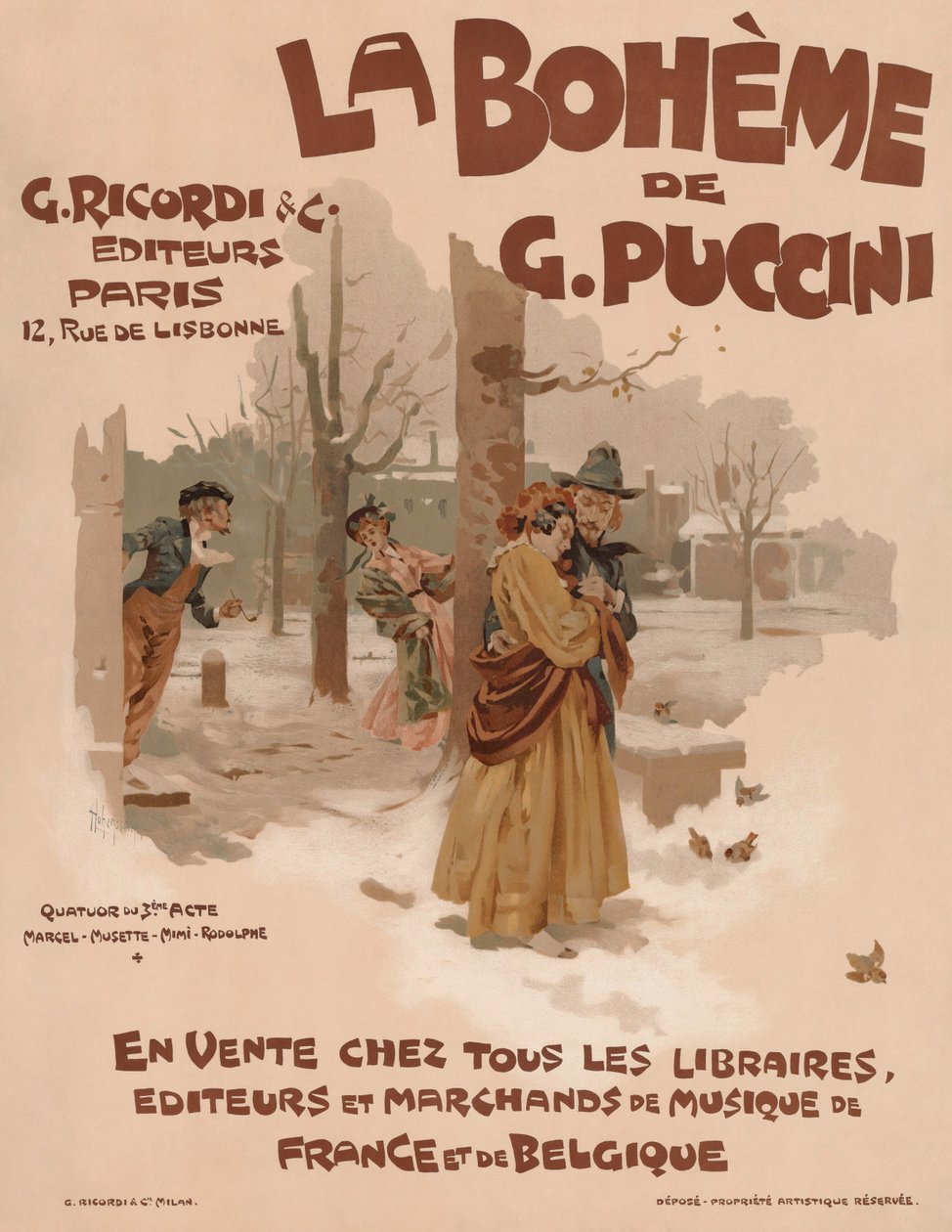 Juliste Giacomo Puccinin oopperaan La Bohème, 1895. tekijältä Adolfo Hohenstein