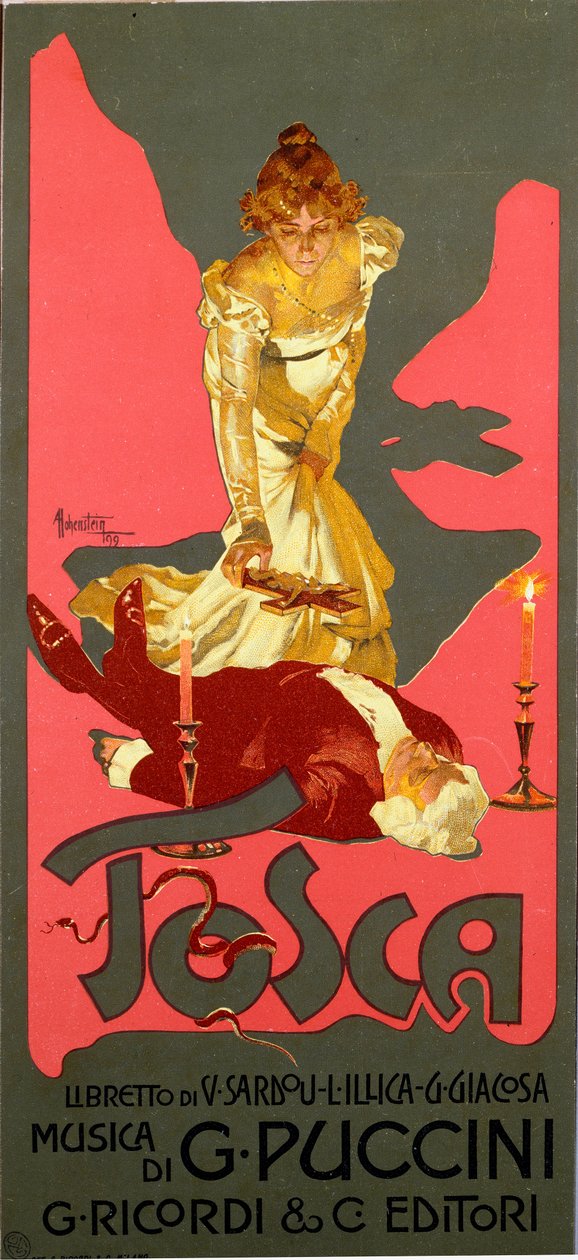 Liberty-tyylinen juliste Giacomo Puccinin (1858-1924) oopperaan "La Tosca" 1906 Dim. 30x13,5 cm Kuvitus: Adolfo Hohenstein (1854-1928) Milanon yksityinen kokoelma tekijältä Adolfo Hohenstein