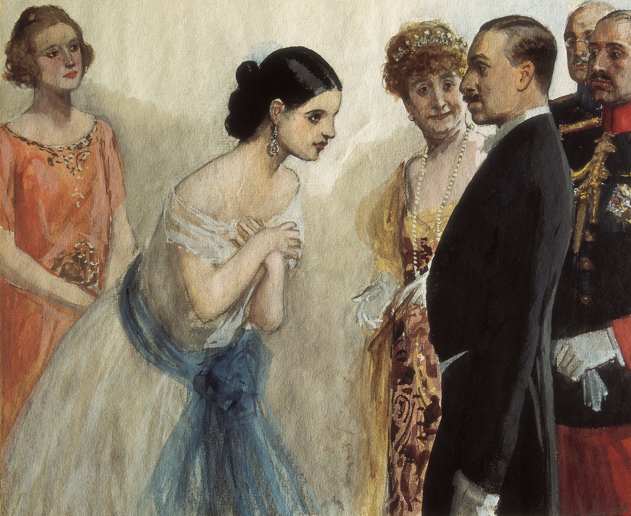 Naisen esittely espanjalaiselle Alfonso (Alphonse) XIII:lle (1886-1941). Adolfo Lozano Sidron (1872-1935) maalaus öljy kankaalle. Yksityinen kokoelma. tekijältä Adolfo Lozano Sidro