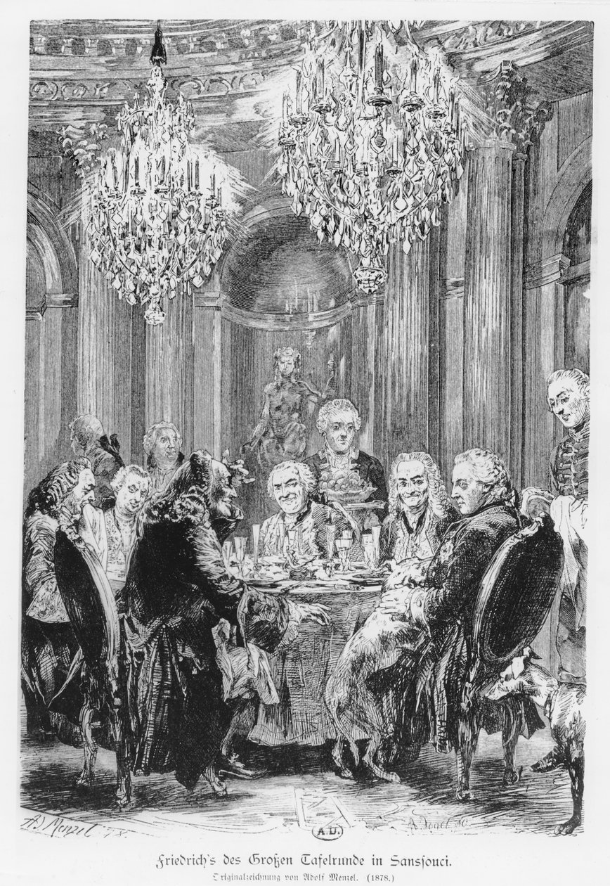 Voltaire istuu kuningas Frederick II:n vieressä Château de Sans Soucissa, Potsdamissa, Saksassa, 1878 tekijältä Adolph Menzel