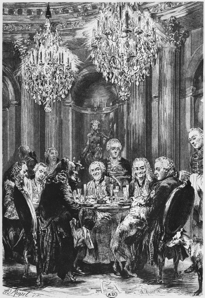 Voltaire ja Preussin kuningas Fredrik II (1712-86) Sanssoucissa Potsdamin lähellä, 1878. tekijältä Adolph Menzel