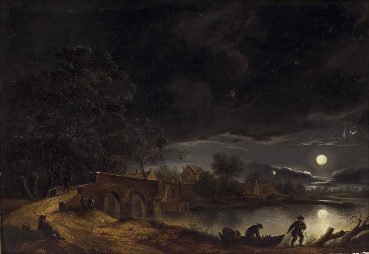 Vollmond über Dorf am Fluss mit Brücke und Personenstaffage tekijältä Adolph Friedrich Vollmer