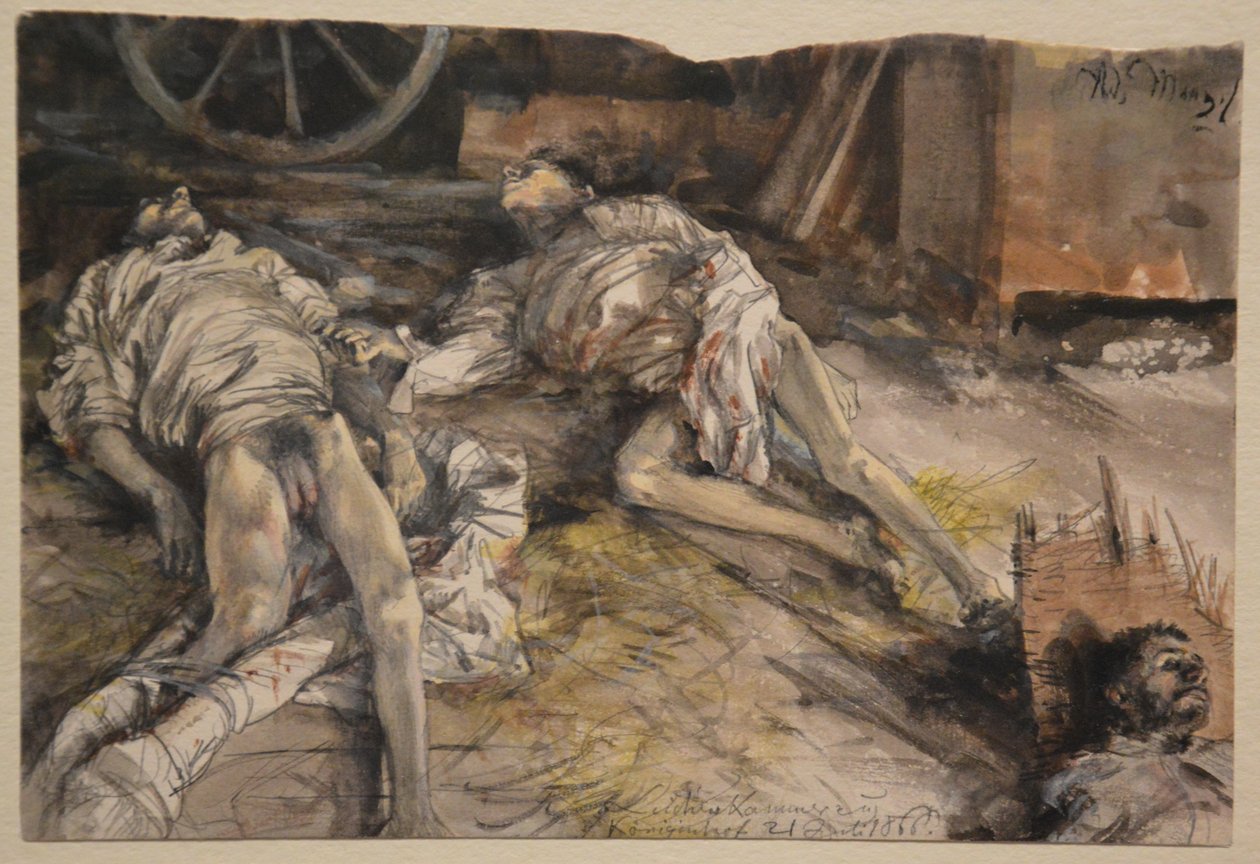 Drei gefallene Soldaten in einer Scheune tekijältä Adolph Menzel