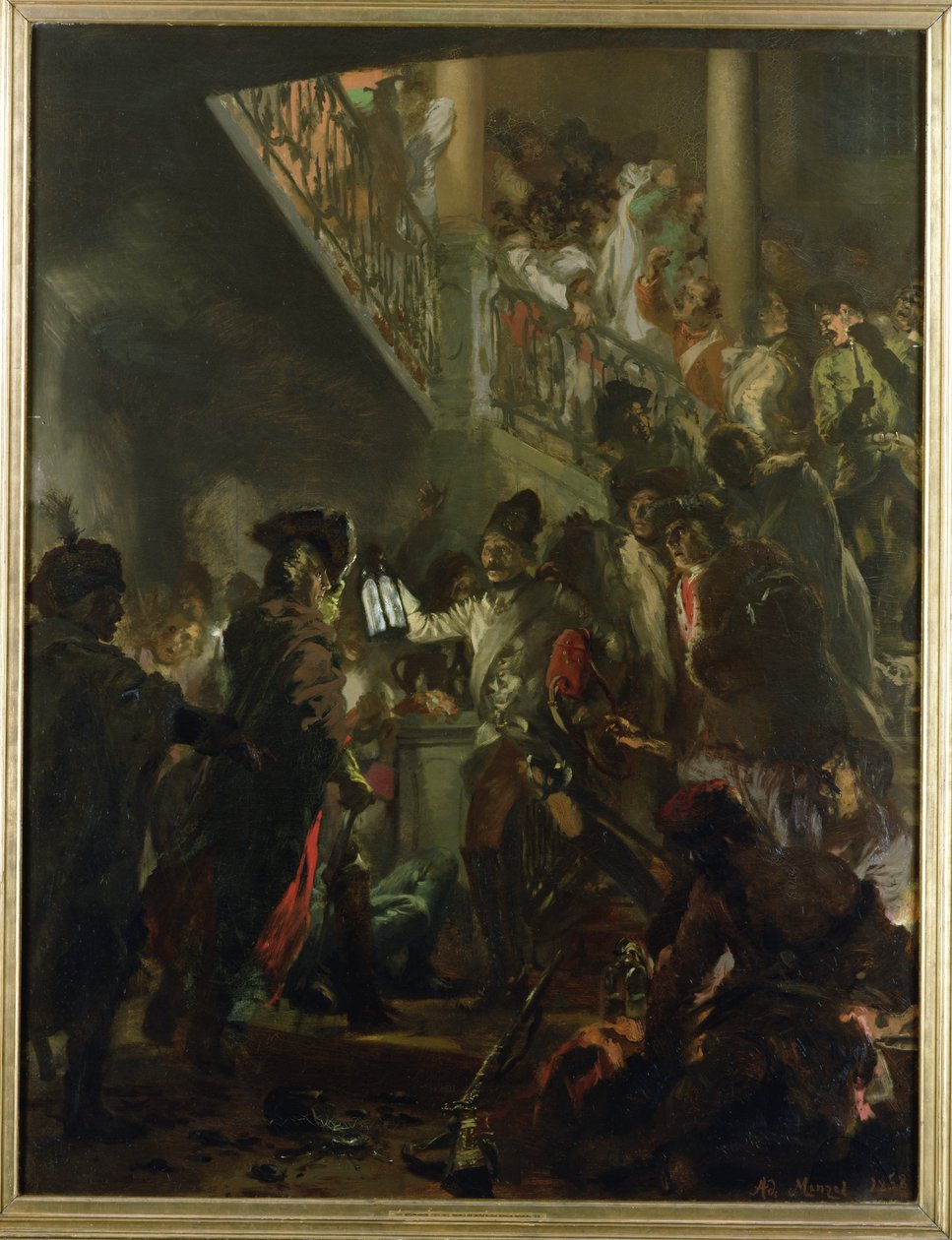 Frederick II Suuri (1712-86) Lissassa, Bonsoirissa, Messieurs! 1858 tekijältä Adolph Menzel