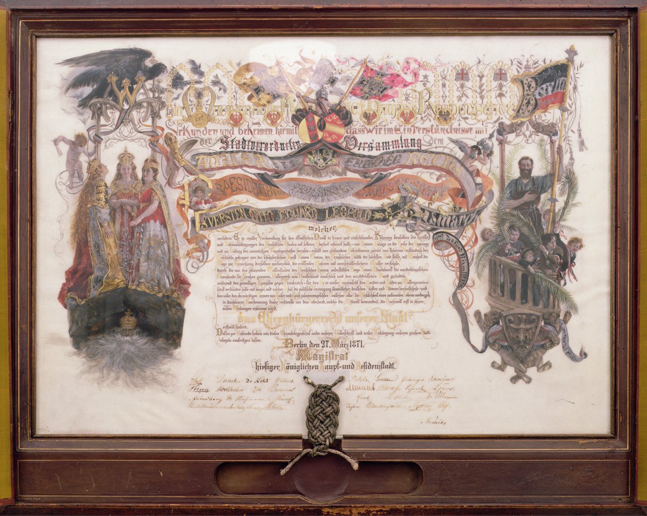 Kirje berliiniläisen freemanin hyväksymisestä, 27. maaliskuuta 1871 (muste, akvarelli ja lehtikulta paperille) tekijältä Adolph Menzel
