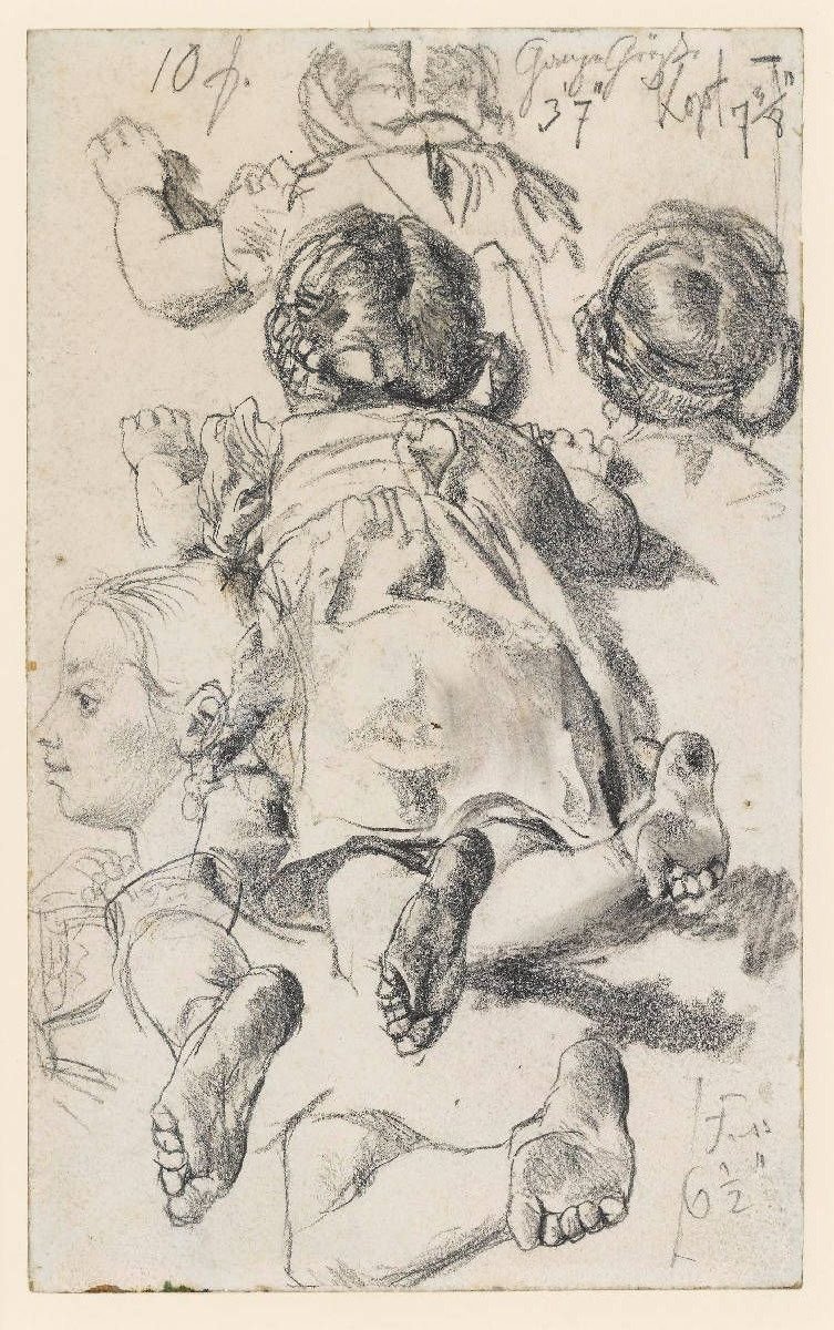 Modellstudien nach einem auf dem Bauch liegenden Mädchen tekijältä Adolph Menzel