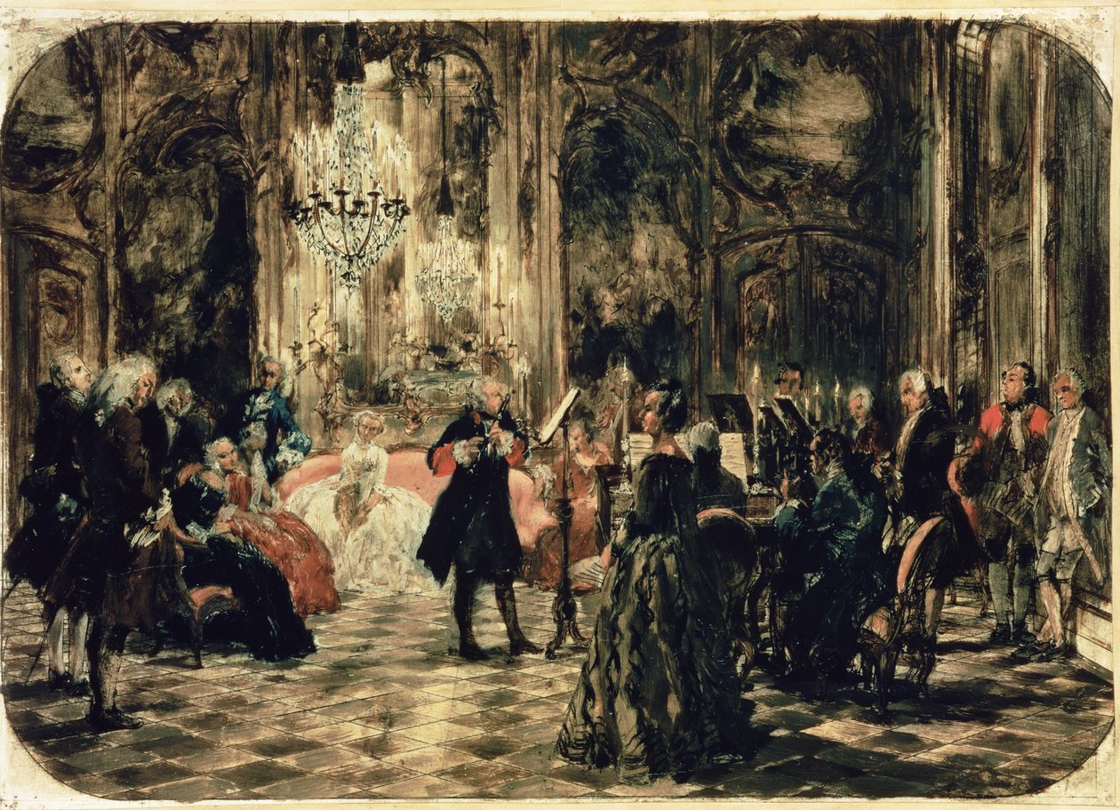 Luonnos huilukonserttiin, 1852 (kynä ja muste ja wc paperilla) tekijältä Adolph Menzel