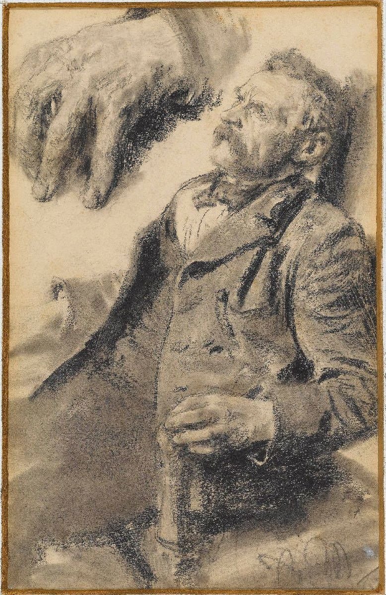 Studie eines sitzenden Mannes, links oben Studie der linken Hand tekijältä Adolph Menzel