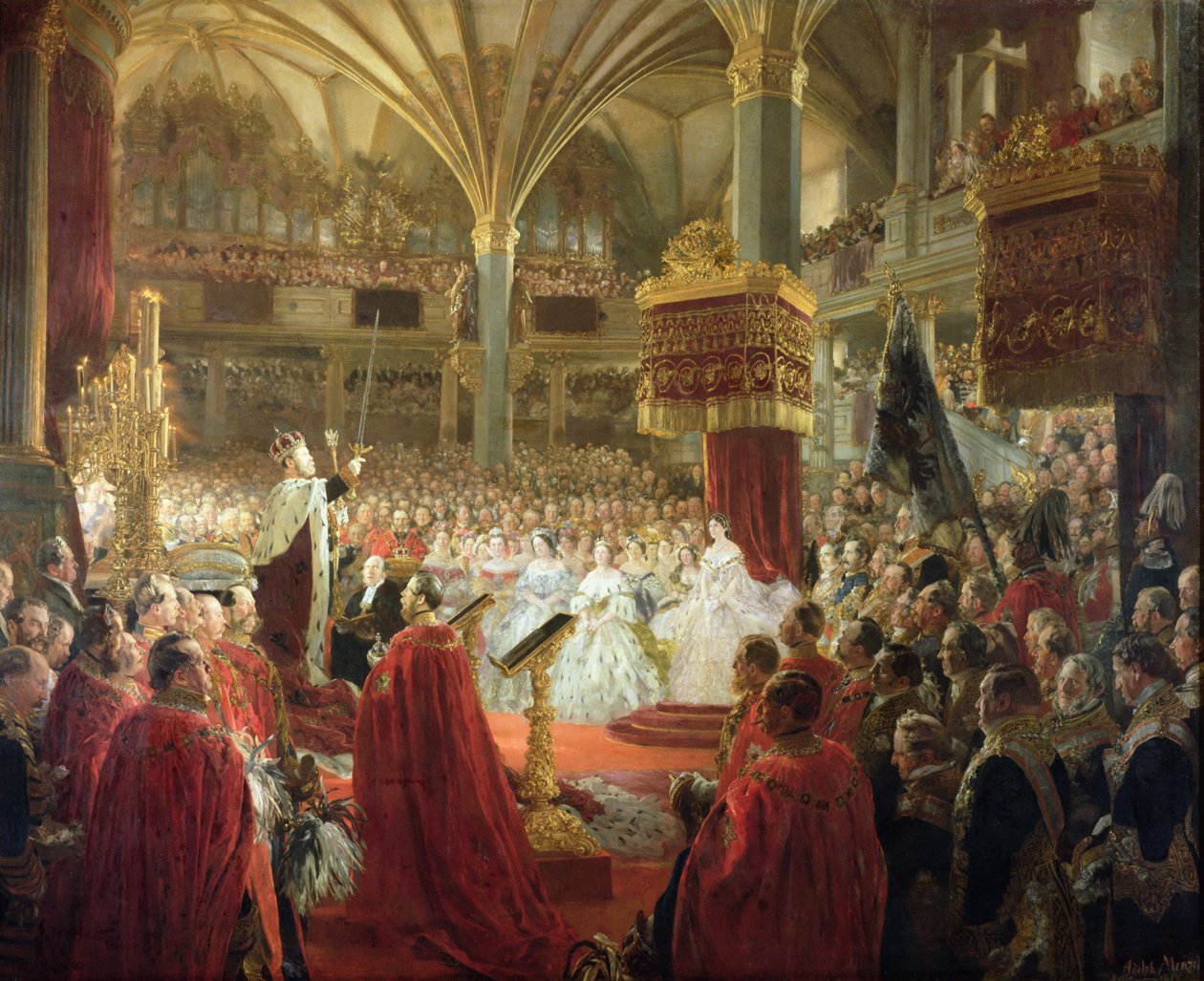 Kuningas Vilhelm I:n kruunaus Koenigsbergissä vuonna 1861, noin 186165 tekijältä Adolph Menzel