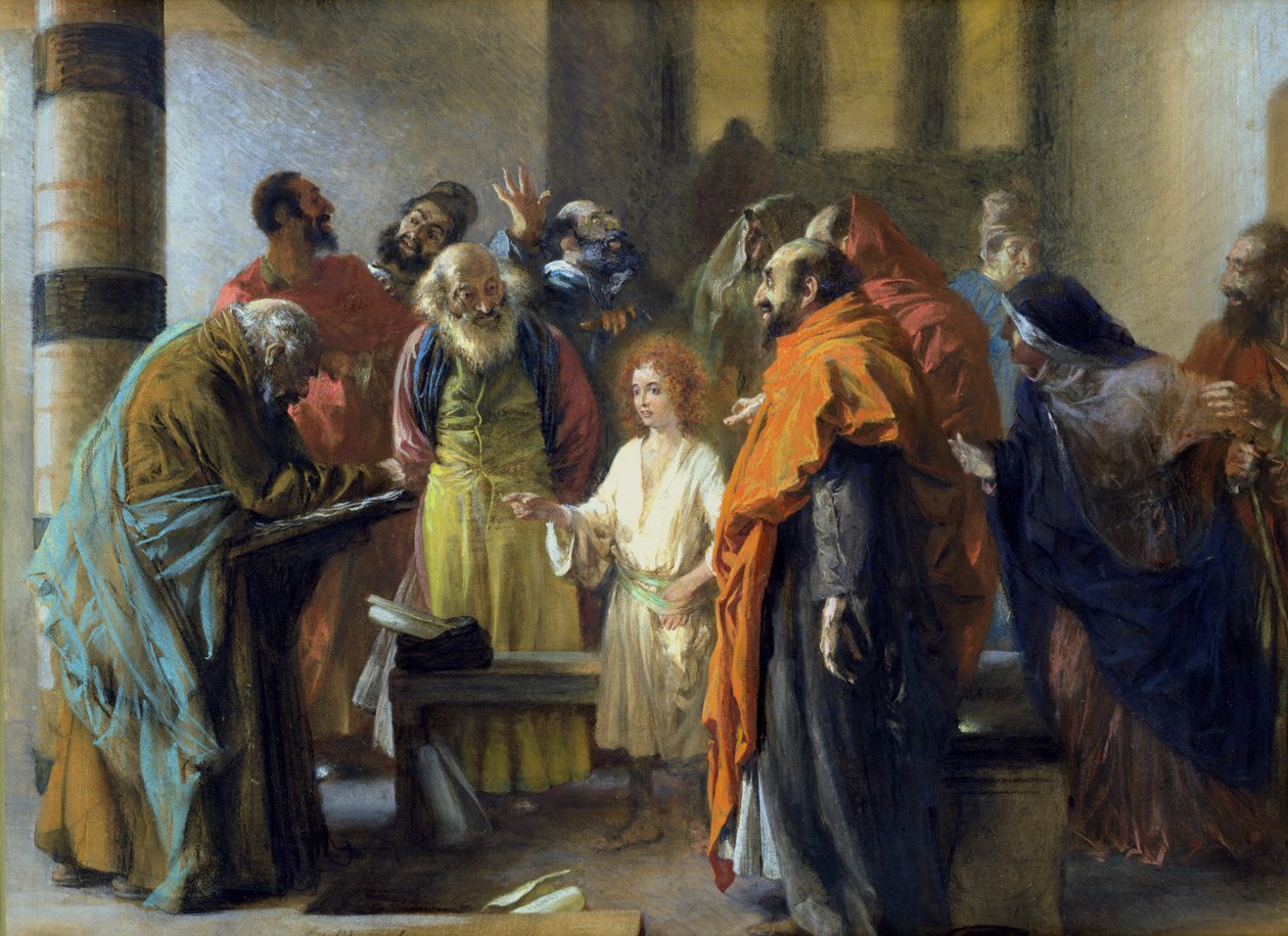 12-vuotias Jeesus temppelissä, 1851 (pastelli ja guassi paperilla) tekijältä Adolph Menzel