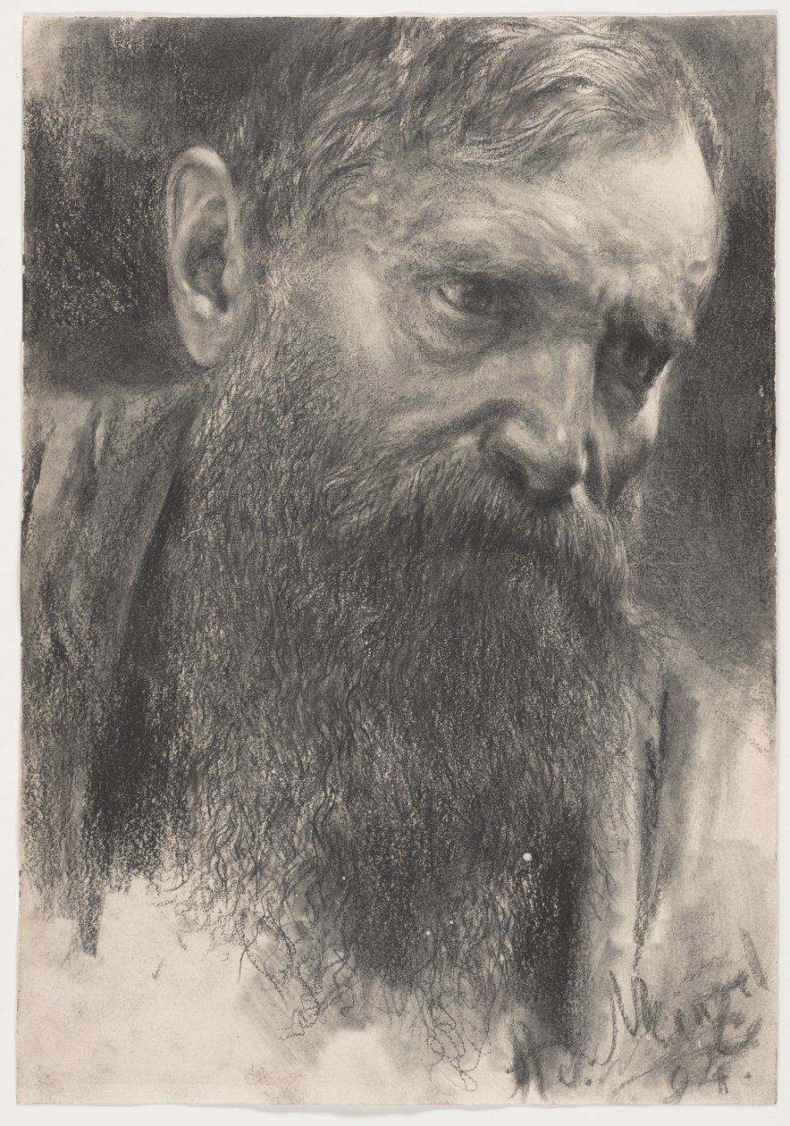 Parrakkaan miehen pää puoliprofiilissa tekijältä Adolph Menzel