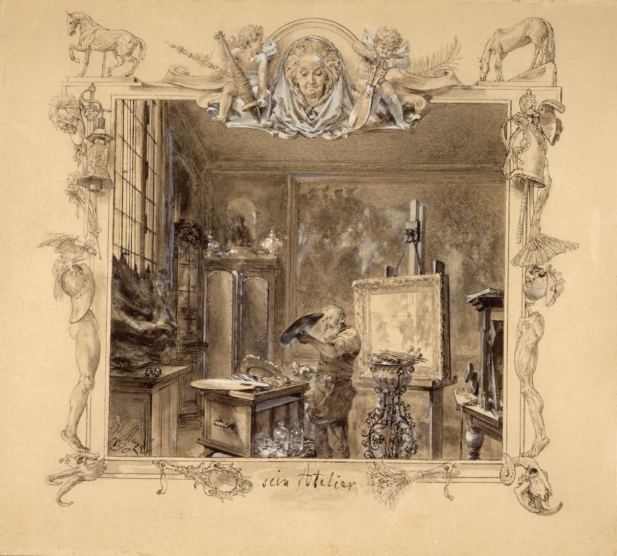 Hänen studionsa, 1890 (kynä ja muste paperille) tekijältä Adolph Menzel