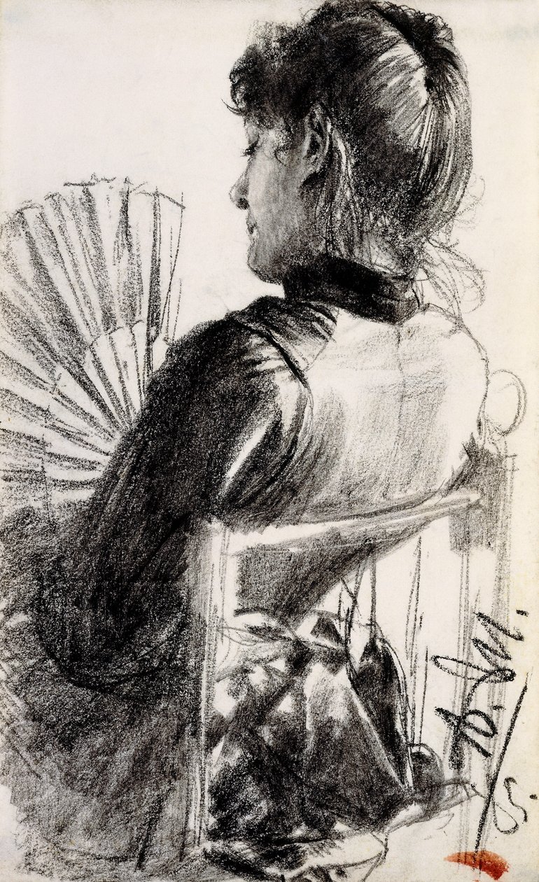 Nainen tuulettimen kanssa, 1885 tekijältä Adolph Menzel