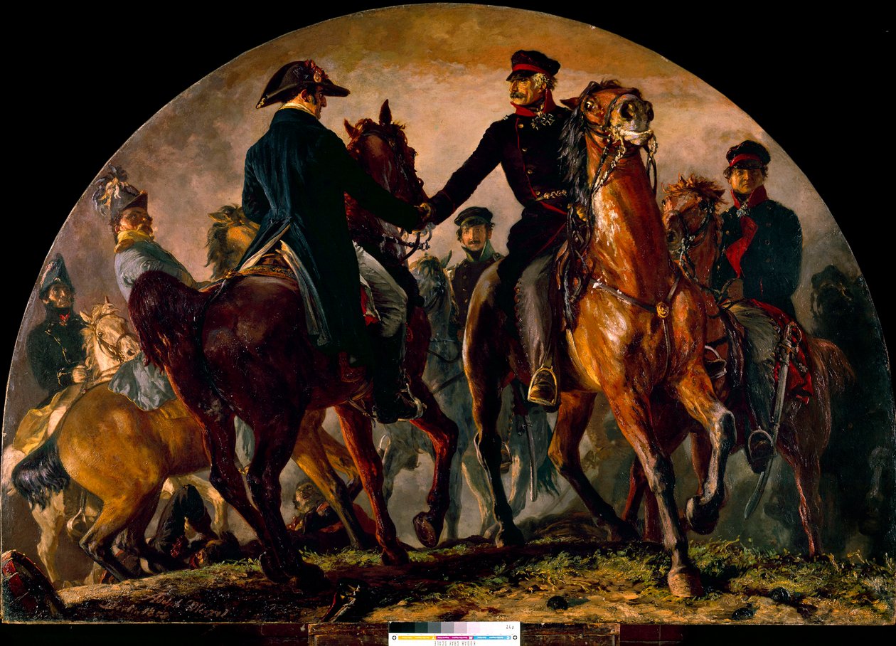Gebhard Leberecht von Blucherin (1742-1819) ja Arthur Wellesley Wellingtonin (1769-1852) tapaaminen La Belle Alliancen taistelussa (1815). Adolf Menzelin (1815-1905) maalaus Ec. Kaikki tekijältä Adolph Menzel