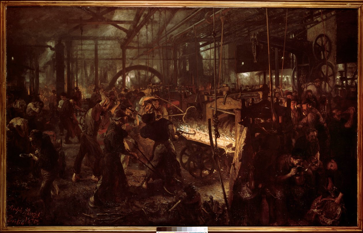 Metallurgia: "" Valssaamo, työ takossa"" Adolf Menzelin (1815-1905) maalaus tekijältä Adolph Menzel