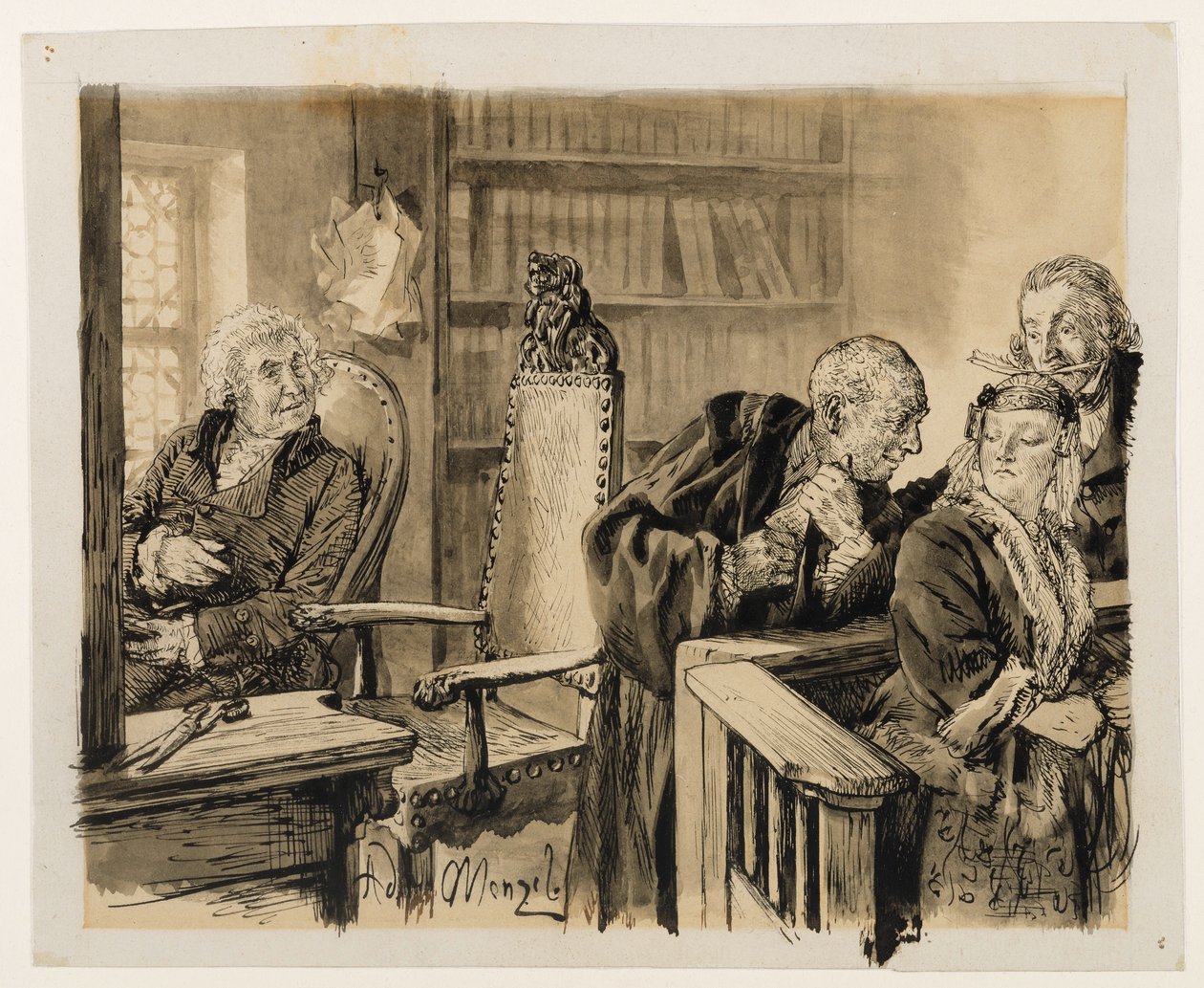 Aadam puhuu salaa Eevalle. Licht kuuntelee. Tuomioistuimen jäsen kutsuu Aadamin takaisin tuomarin tuolille. Heinrich von Kleist, ”Rikkoutunut kannu” tekijältä Adolph Menzel