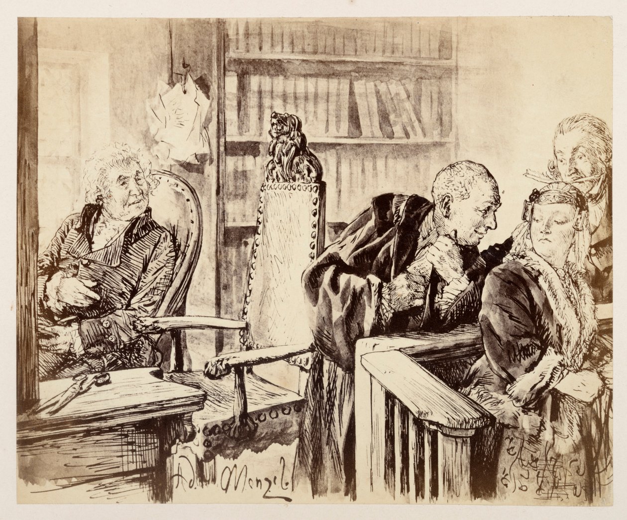 Adam puhuu salaa Eevalle. Licht kuuntelee. Oikeusneuvos kutsuu Adamin takaisin tuomarinistuimelle, Heinrich von Kleistin teokseen "Särkynyt ruukku" tekijältä Adolph Menzel