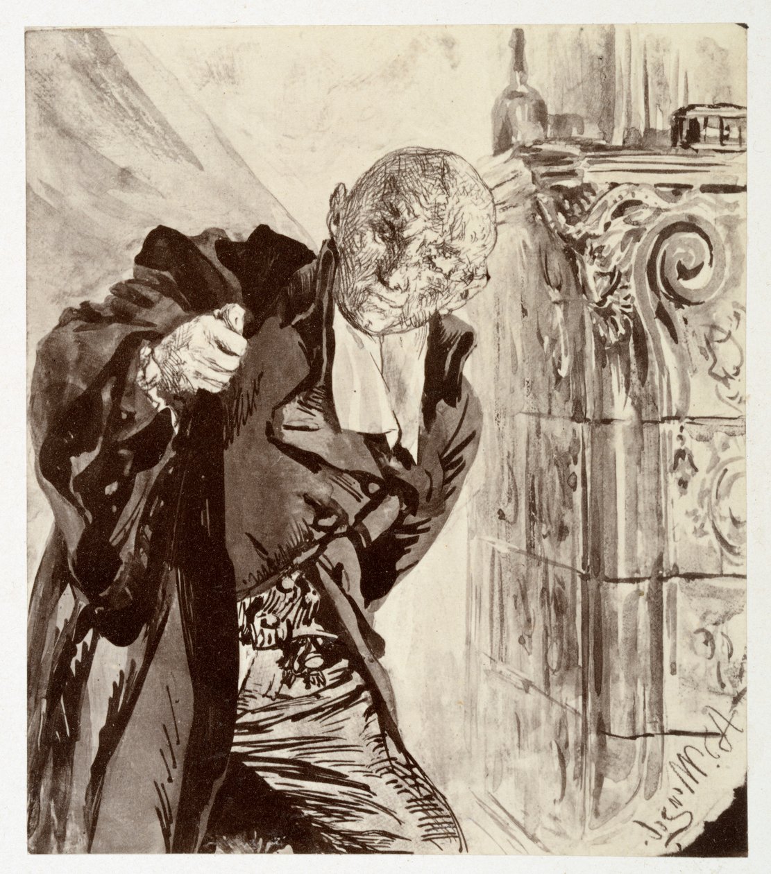 Adam, joka seisoo keraamisen uunin oikealla puolella, pukeutuu tuomarin kaapuun; Heinrich von Kleistin teoksen ”Rikkoutunut kannu” mukaan tekijältä Adolph Menzel