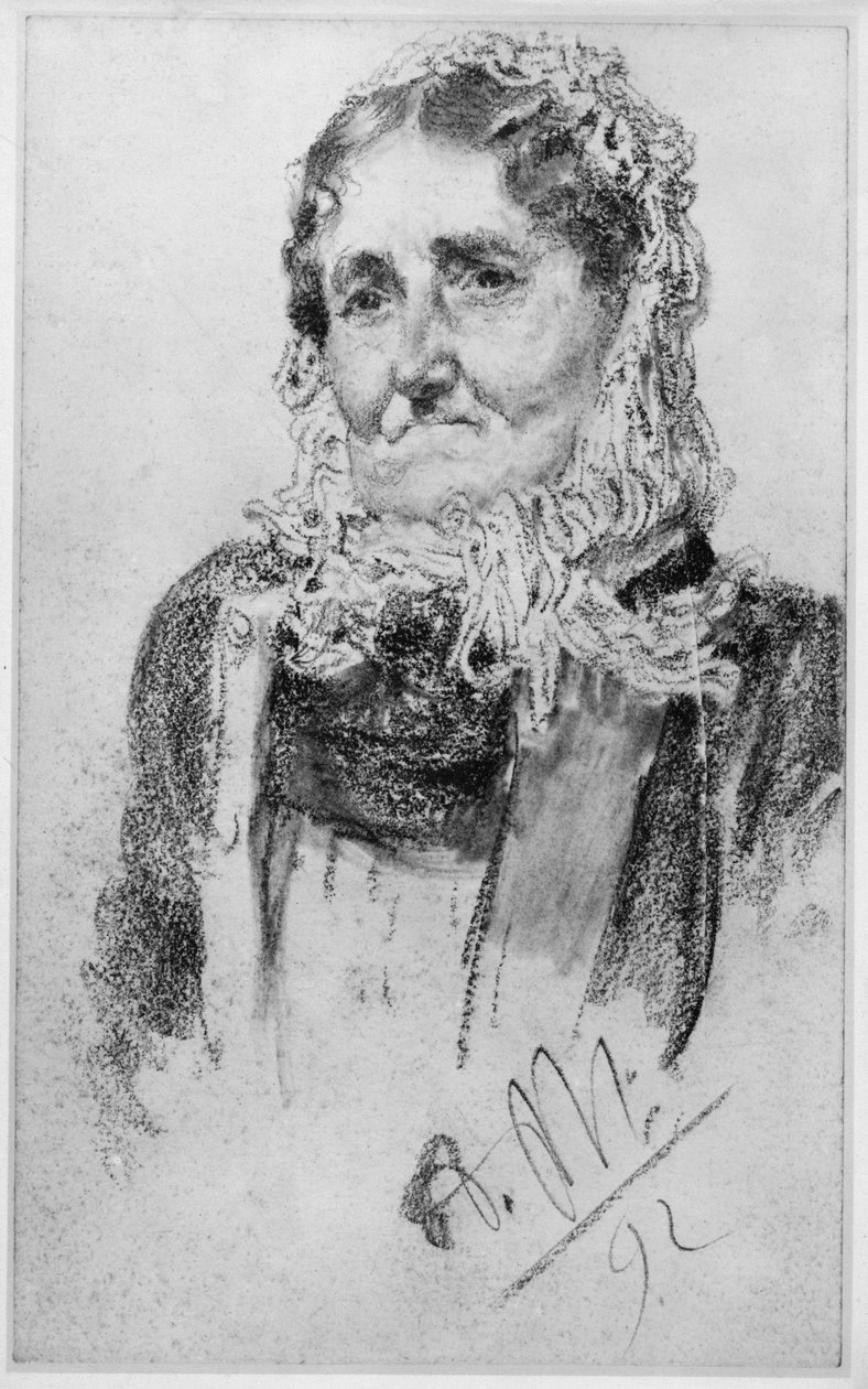 Iäkkäämpi nainen, jolla on villainen huivi (päähuivi) tekijältä Adolph Menzel