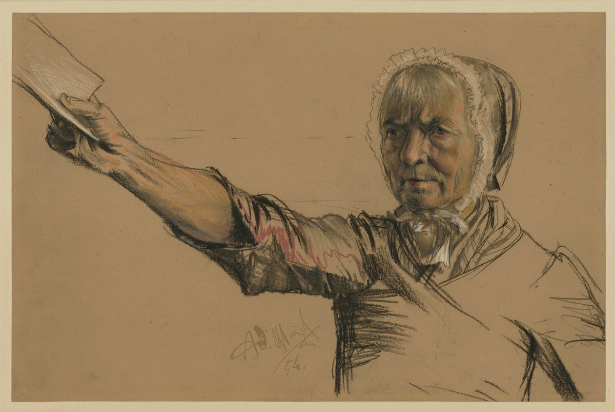 Vanha nainen, joka ojentaa oikealla kädellään vetoomuksen tekijältä Adolph Menzel