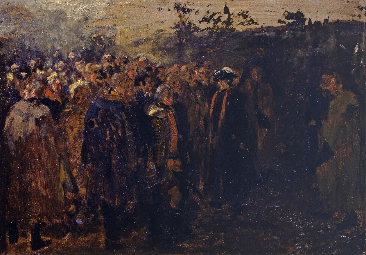 Friedrich Suuren puhe kenraaleilleen ennen Leuthenin taistelua. Luonnos tekijältä Adolph Menzel