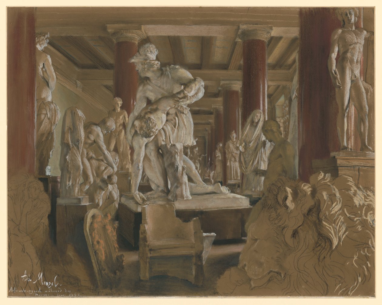 Kipsijäljennösten säilytyssali museon uudisrakennustöiden aikana Altes Museumissa tekijältä Adolph Menzel